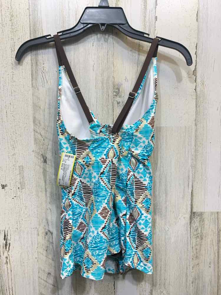 PRE-OWNED BEACH DIVA Swimwear Size 8 WHITE/BROWN/TEAL DIAMONDS TOP Swimsuit/TOP
