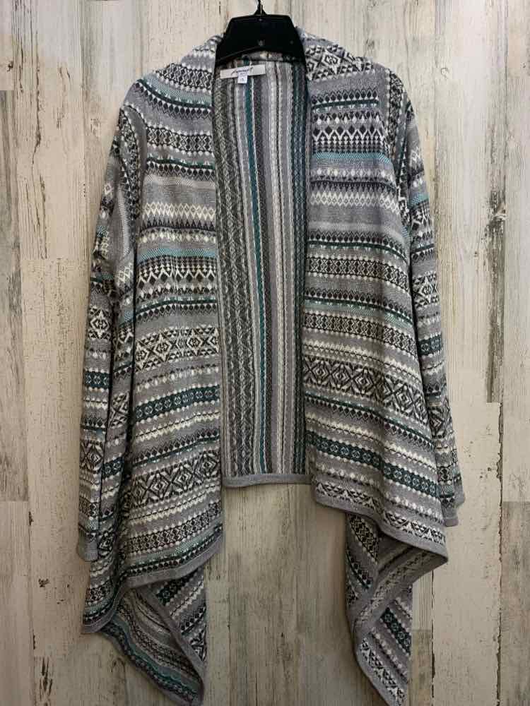 FOXCROFT Tops Size M GRAY/WHT/AQUA NORDIC CARDIGAN Cardigan