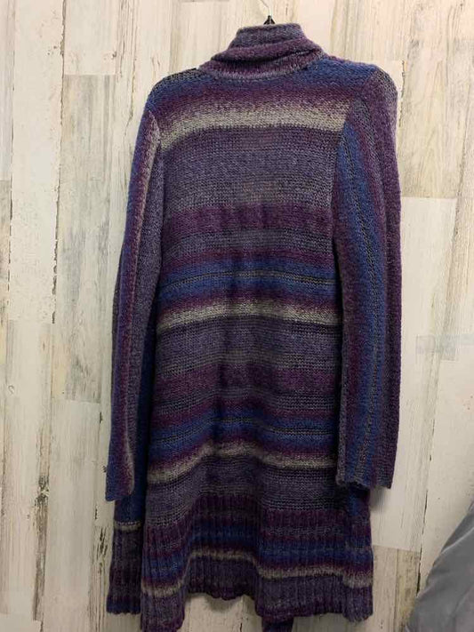 PRE-OWNED CHICO'S Tops Size 2 OPEN FRONT LONG SLEEVE PURPLE/BLUE/GRAY STRIPE CARD