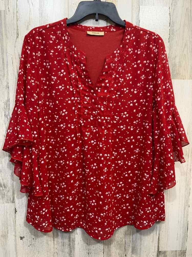 PRE-OWNED TIMESON Tops Size L RED/WHITE SPECKS TRUMPET SLEEVE Blouse/RED/WHITE S