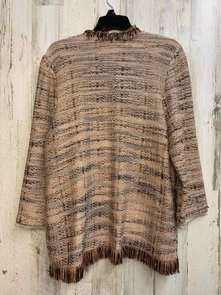 PRE-OWNED CHICO Tops Size M BROWN/TAN LONG SLEEVES Cardigan/FRINGE ALONG HEM