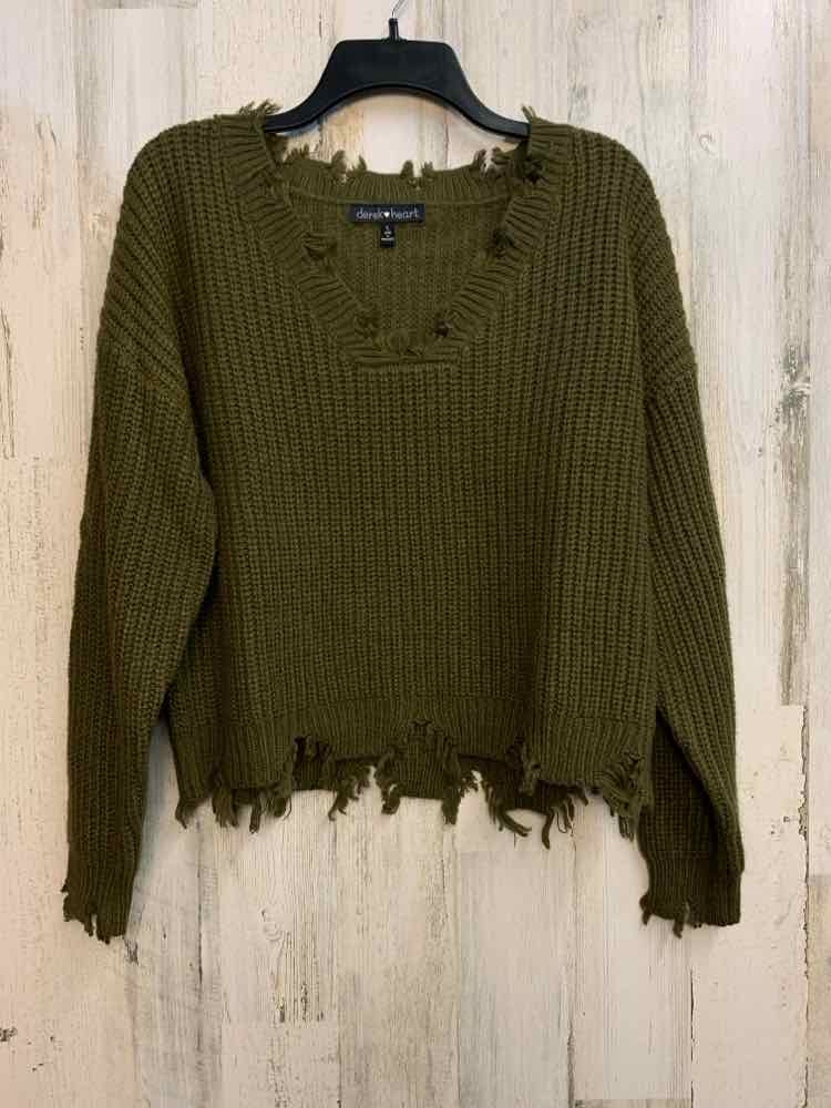 PRE-OWNED DEREK HEART Tops Size L Olive LONG SLEEVES TOP/DISTRESSED V-NECK