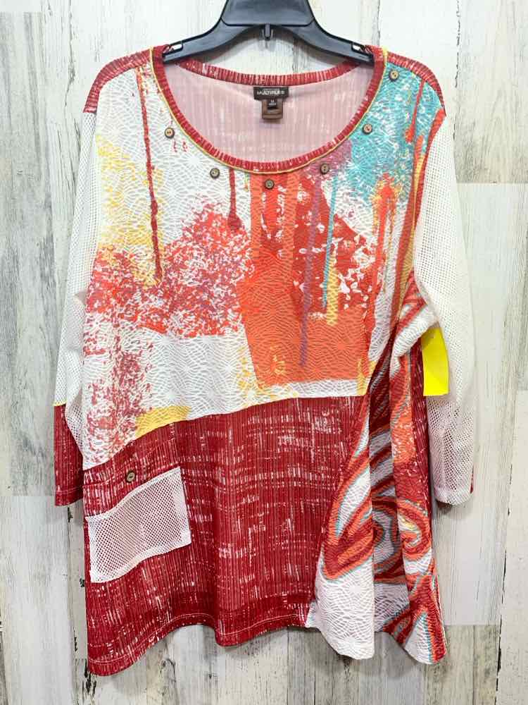 PRE-OWNED MULTIPLES PLUS SIZES Size 1X WHITE/RED/AQUA/YELLOW ABSTRACT Blouse/ABS
