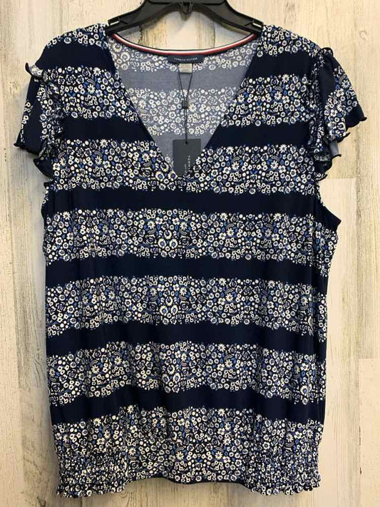 NWT TOMMY HILFIGER Tops Size L Navy PATTERNED STRIPE RUFFLE SLEEVE TOP
