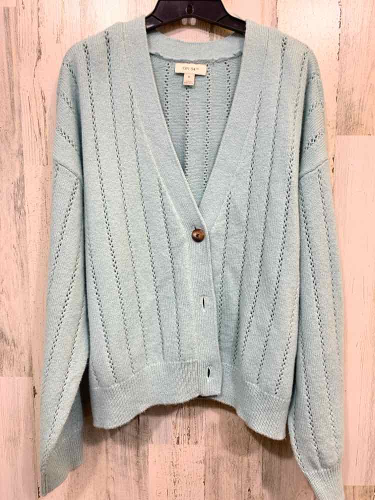 NWT ON 34TH Size XL Blue POINTELLE KNIT LONG SLEEVE/ V NECK BUTTON UP CARDIGAN