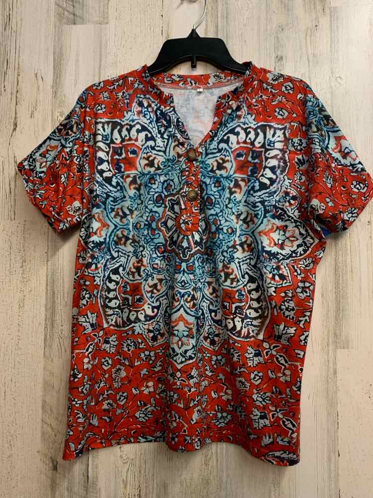 Tops Size L RED/WHT/BLU ETHNIC SHORT SLEEVES TOP