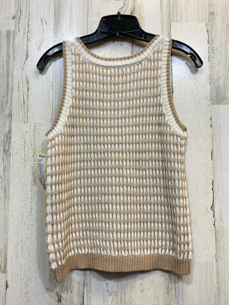 NWT THE WORKSHOP Tops Size L TAN/WHT Geometric SLEEVELESS Blouse/SCOOPED CREW NE