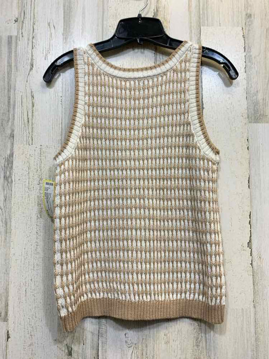 NWT THE WORKSHOP Tops Size L TAN/WHT Geometric SLEEVELESS Blouse/SCOOPED CREW NE