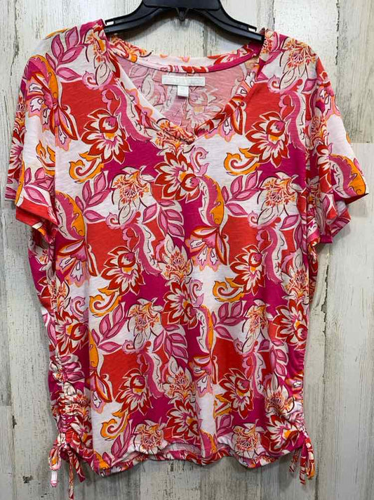 PRE-OWNED JUNIPER + LIME  Size XL WHT/RED/ORG Floral SHORT SLEEVES/V NECK Blouse