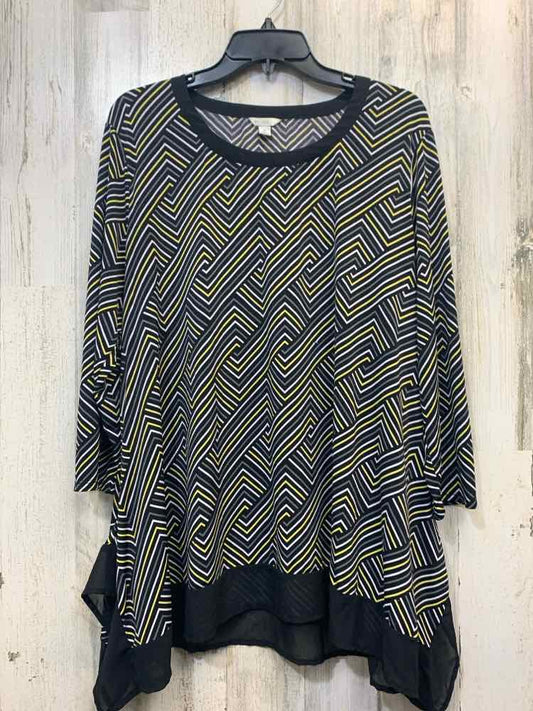 PRE-OWNED CATO Tops Size XL BLACK/WHITE/YELLOW ZIG ZAG LONG SLEEVES TOP/LONG SLE