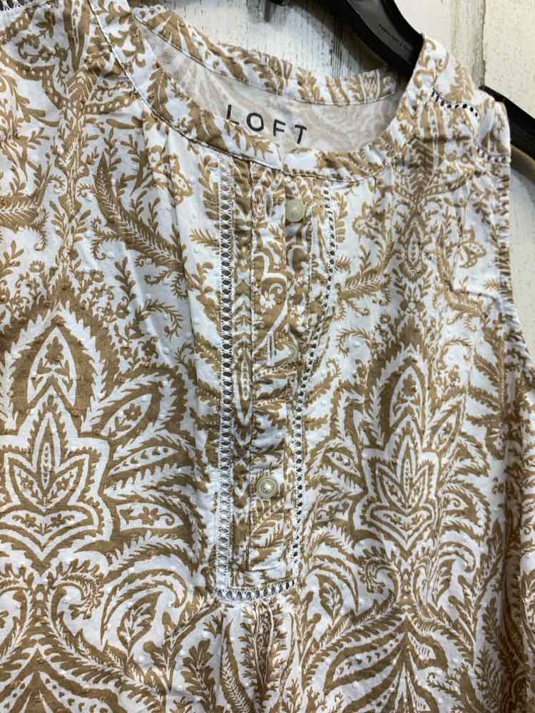 PRE-OWNED LOFT ANN TAYLOR Tops Size M WHT/BRN Floral SLEEVELESS Blouse/1/2 BUTTO