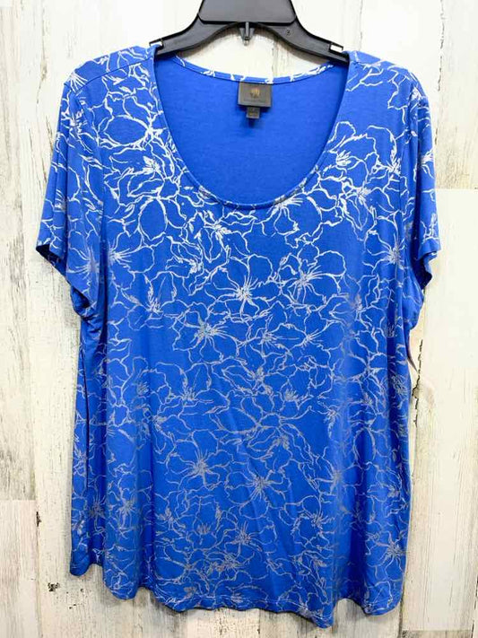 PRE-OWNED JM COLLECTION Tops Size L BLU/SILVER Floral SHORT SLEEVES Blouse