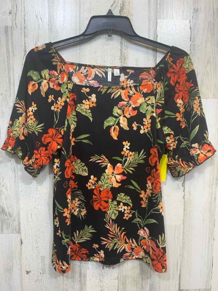 PRE-OWNED EST 1946 Tops Size L BLK/ORNG/GREEN Floral SHORT SLEEVES/SQUARE NECK