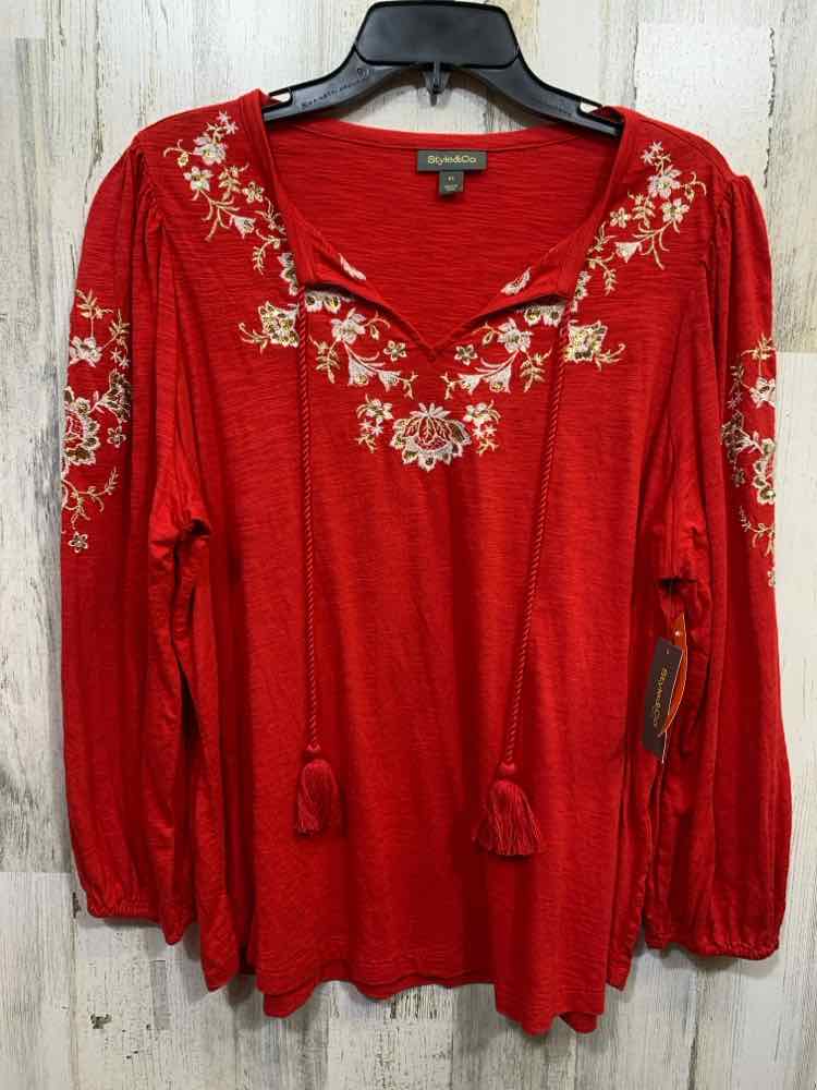 NWT STYLE & CO Tops Size 0X Red Floral LONG SLEEVE Blouse