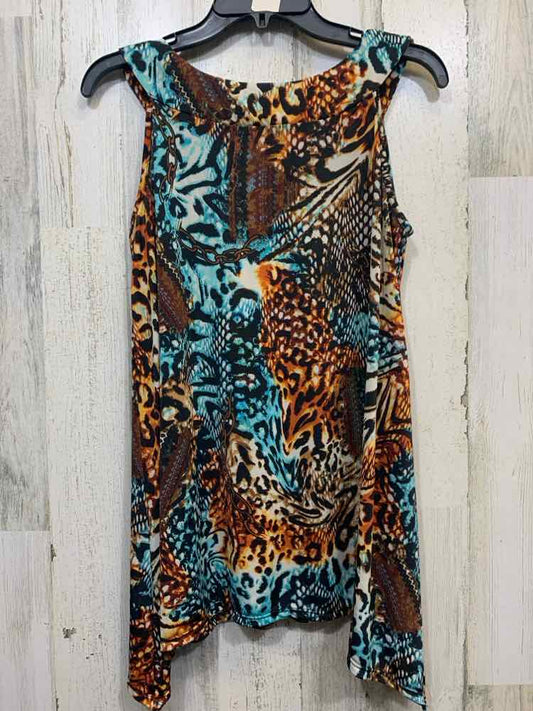 PRE-OWNED SNAP Tops Size L BRN/AQUA MULTI-PATTERN SLEEVELESS TOP