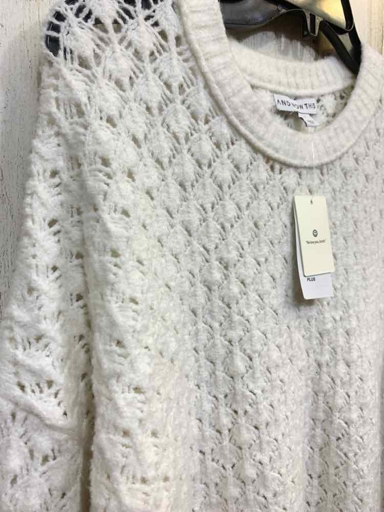 NWT AND NOW THIS Size 1X PLUS SIZES White LONG SLEEVES OPEN CROCHET KNIT SWEATER