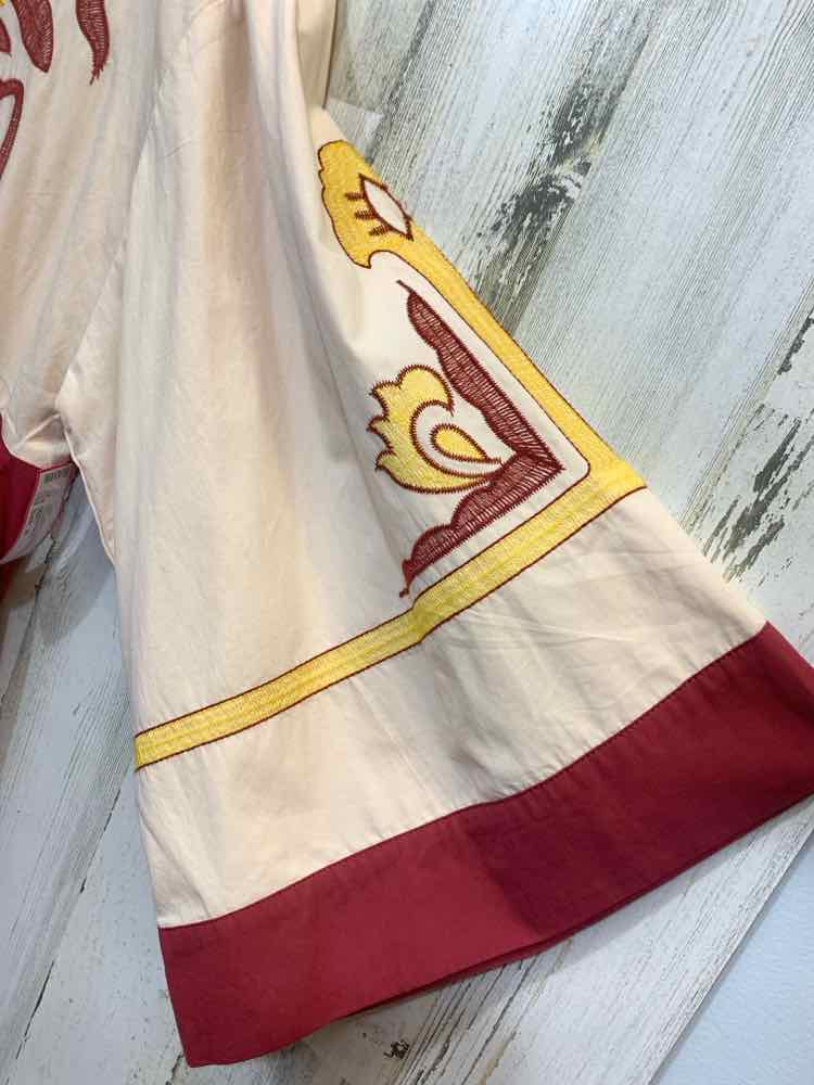 NWT JODIFL Size M Dresses CREAM/YELLOW/BURGUNDY EMBROIDERED BELL SLEEVES DRESS