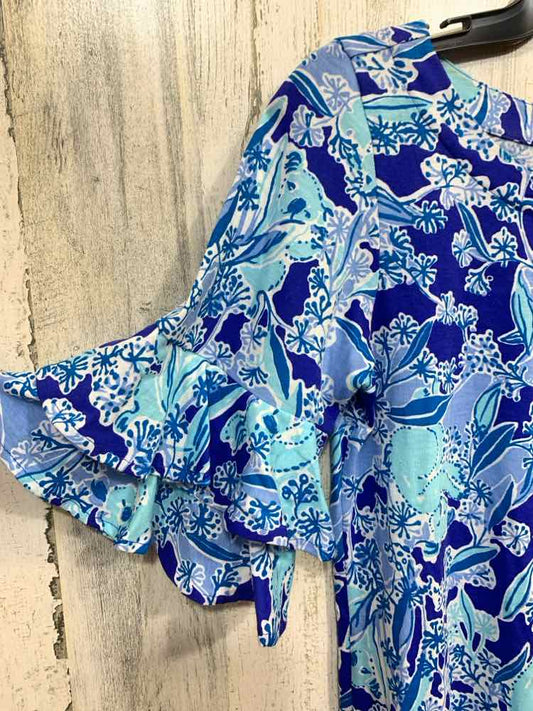 PRE-OWNED LILLY PULITZER Tops  XS WHT/BLUE/AQUA Floral RUFFLE SLEEVE SCOOP NECK