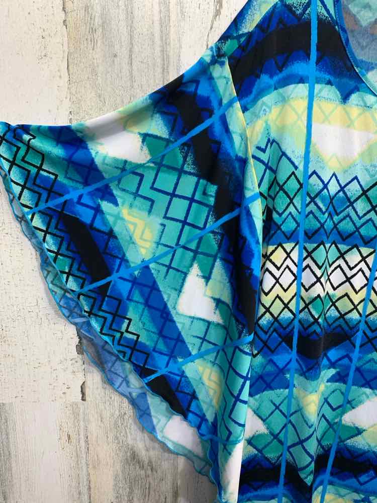 PRE-OWNED STYLE & CO Tops Size XL BLUE/BLACK/AQUA/YELLOW ABSTRACT RUFFLE Shirt/R
