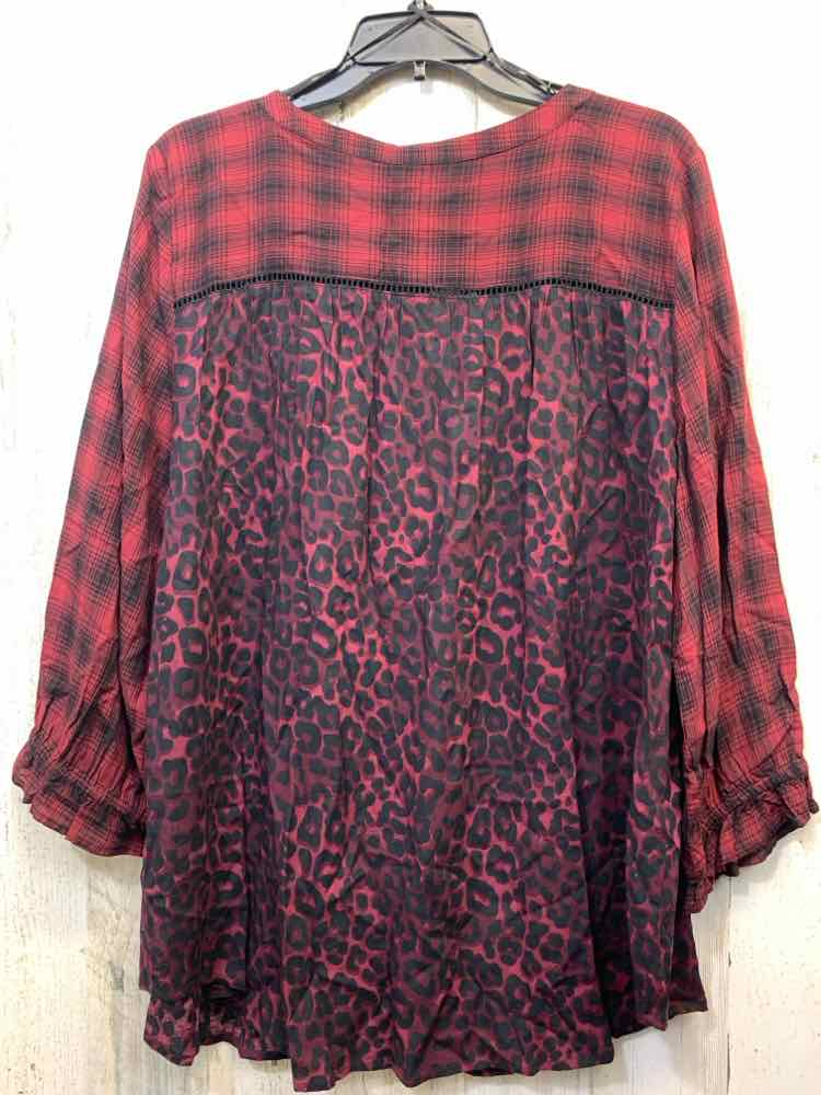 NWT INTRO Tops Size XL WINE/BLACK LEOPARD/PLAID LONG SLEEVES TOP