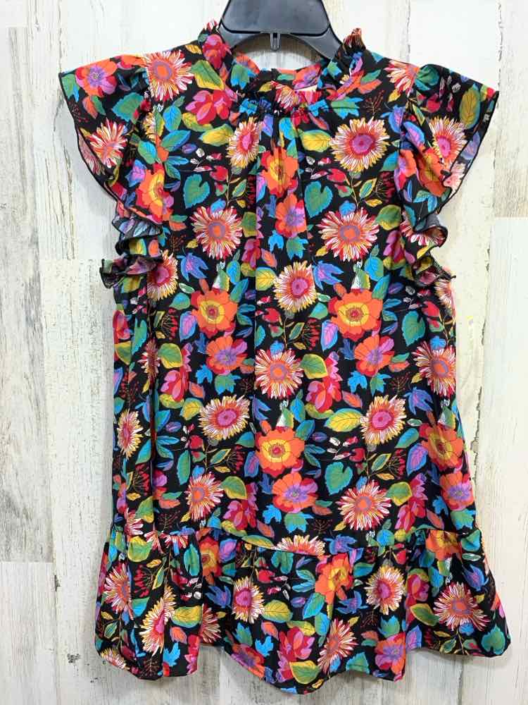 PRE-OWNED JODIFL Tops Size S Multi-Color Floral RUFFLE SLEEVE/MOCK NECK Blouse