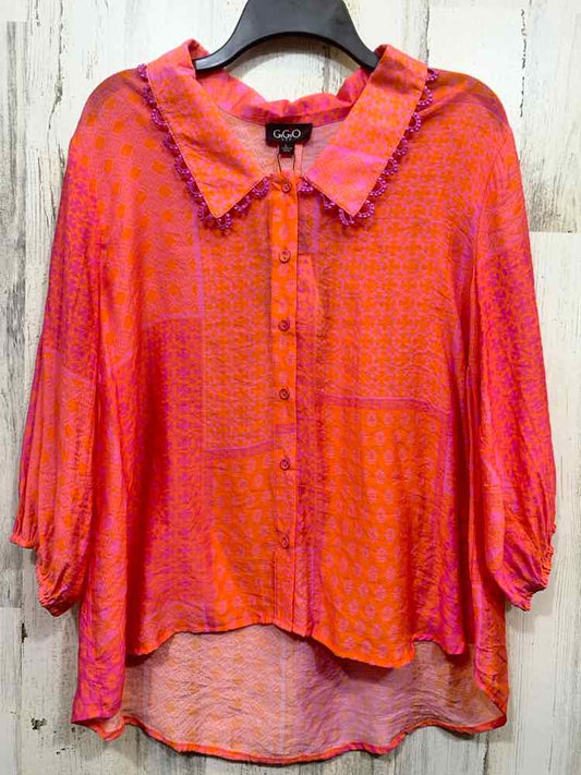 NWT GIGIO Tops Size L ORNG/PINK Floral SHORT SLEEVES/BUTTON UP W/COLLAR Blouse