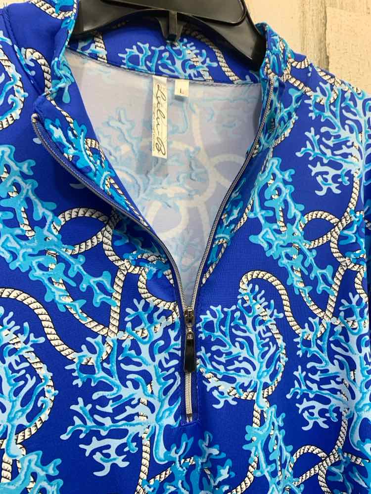 PRE-OWNED LULU B Tops Size L WHT/BLU/AQUA CORAL REEF LONG SLEEVE PULL OVER