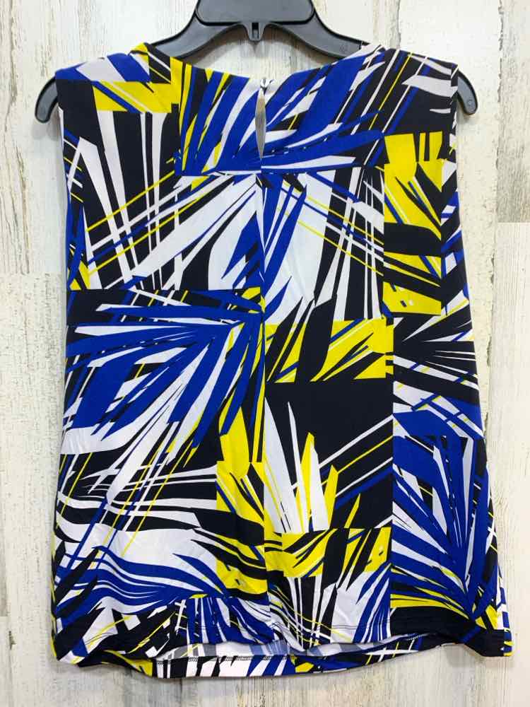 PRE-OWNED CALVIN KLIEN Tops Size XL BLK/WHT/BLU/YLOW ABSTRACT SLEEVELESS Blouse