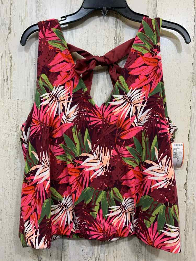 PRE-OWNED LANDSEND Tops Size L BRGY/GRN/WHT/PNK LEAF PRINT VNECK Blouse/TIE DETA