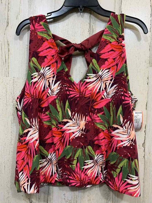 PRE-OWNED LANDSEND Tops Size L BRGY/GRN/WHT/PNK LEAF PRINT VNECK Blouse/TIE DETA
