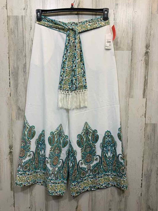NWT Size LP CATO BOTTOMS WHITE/BROWN/AQUA Paisley WIDE LEG Pants/TIE BELT