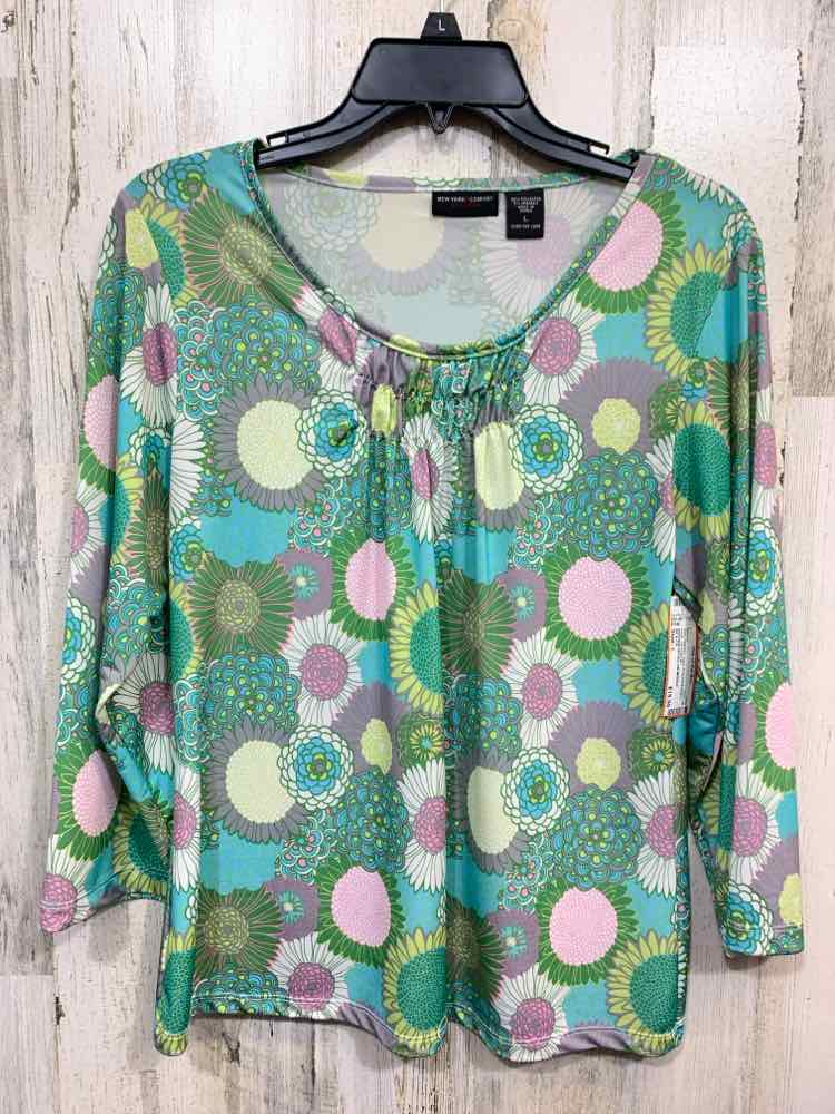 PRE-OWNED NY & CO Tops Size L AQUA/GRN/WHT Floral 3/4 SLEEVE Blouse