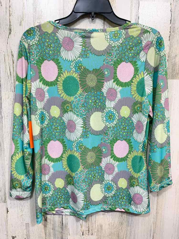 PRE-OWNED NY & CO Tops Size L AQUA/GRN/WHT Floral 3/4 SLEEVE Blouse