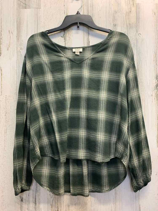 PRE-OWNED ANA Tops Size L GREEN/OLIVE/WHITE Plaid LONG SLEEVES TOP/LONG SLEEVE F