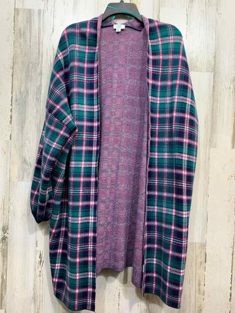 PRE-OWNED CROWN & IVY Size XL Tops BLK/WHT/PNK/GRN Plaid LONG SLEEVE Cardigan