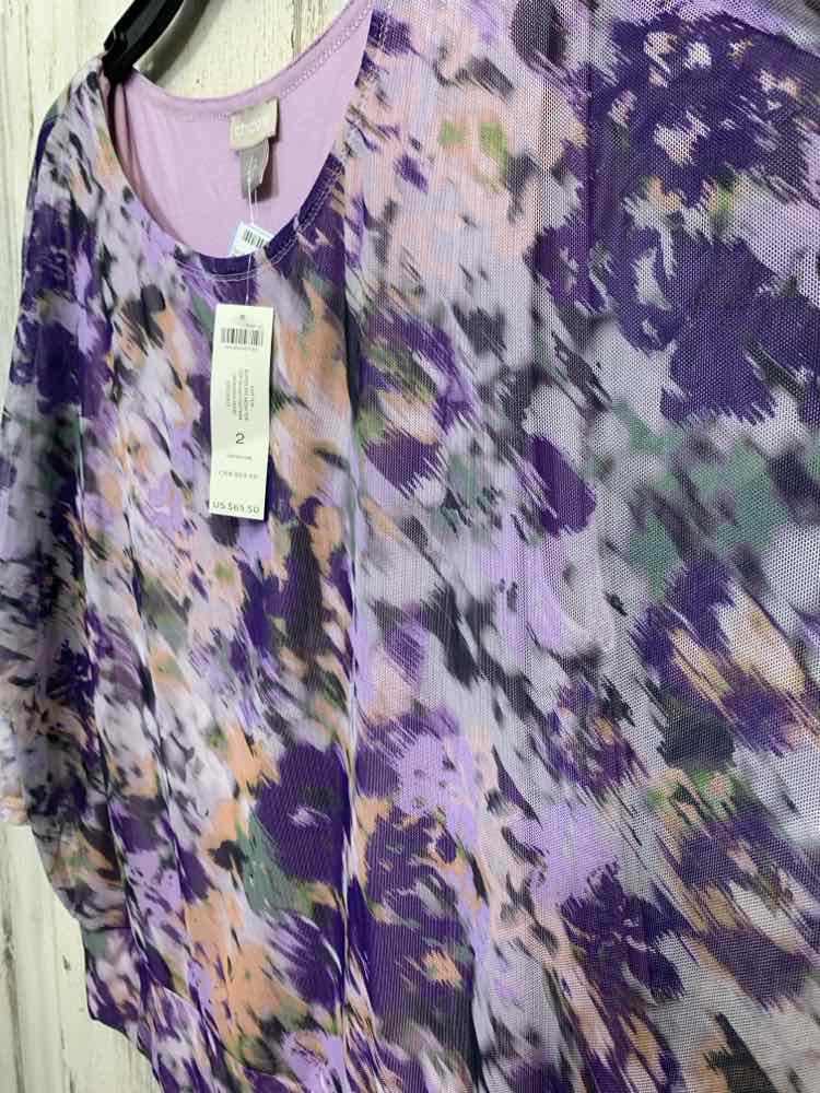 NWT CHICO'S Size 2 Tops PRPL/GRN PEACH SCOOP NECK ABSTRACT BAT SLEEVES Blouse