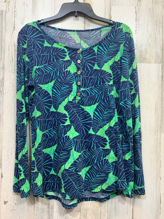 PRE-OWNED LILLY PULITZER Tops Size L NAVY/LIME GRN/TEAL TROPICAL Shirt/LONG SLEE