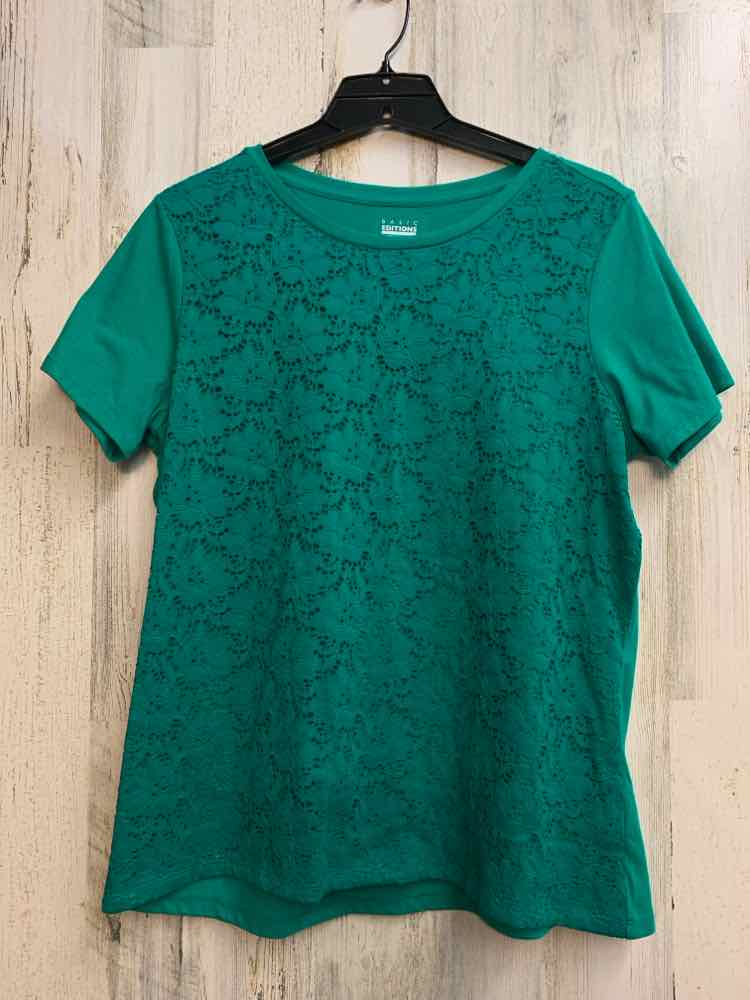 BASIC EDITIONS Tops Size L KELLY GREEN Lace SHORT SLEEVES TOP