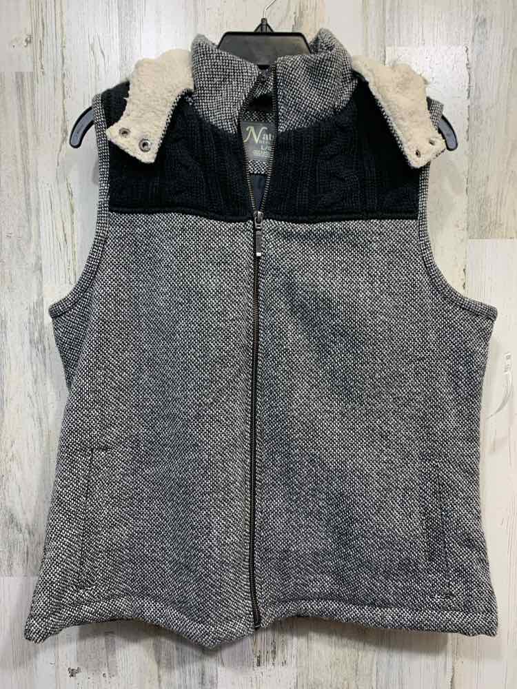 PRE-OWNED NATURAL REFLECTIONS Size L Tops BLK/WHT ZIP UP TWEED Vest
