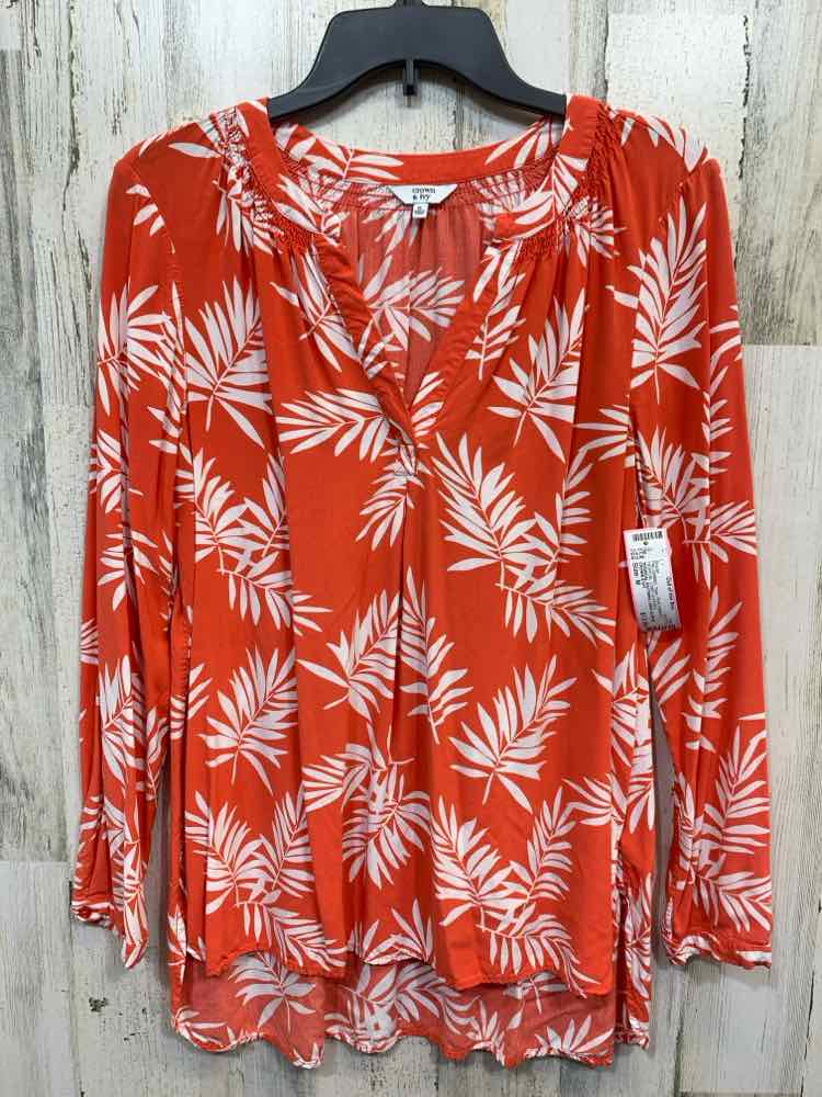 PRE-OWNED CROWN & IVY Tops Size M PEACH/WHITE TROPICAL LONG SLEEVES Blouse/TROPI