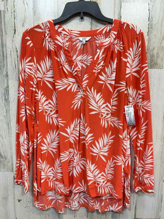 PRE-OWNED CROWN & IVY Tops Size M PEACH/WHITE TROPICAL LONG SLEEVES Blouse/TROPI