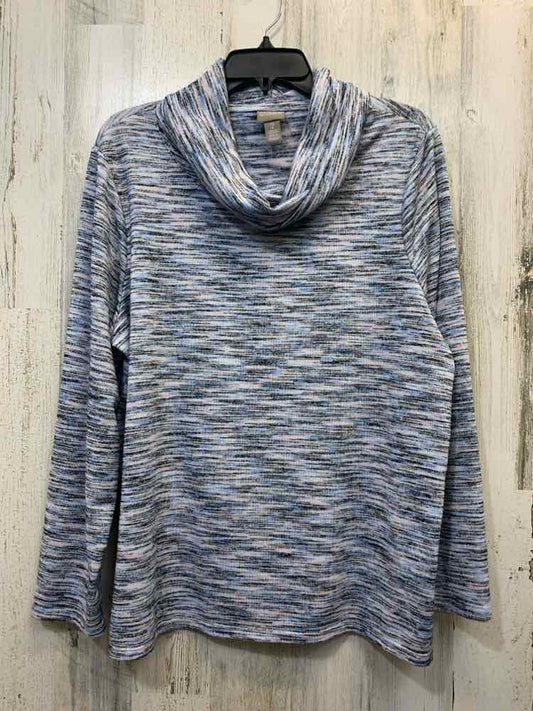PRE-OWNED CHICOS Tops Size 2 BLACK/BLUE/PINK STROKES COWL NECK TOP/BLACK//BLUE/P