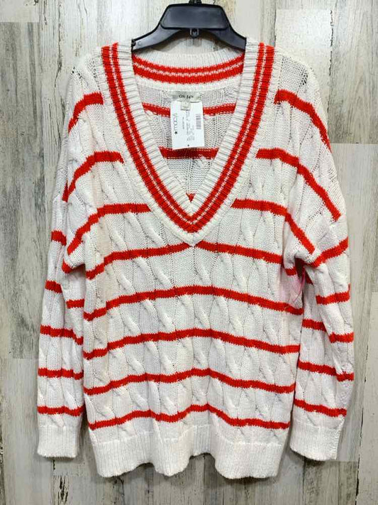 NWT ON 34TH Size L Tops RED/WHT RIB KNIT LONG SLEEVES V NECK SWEATER