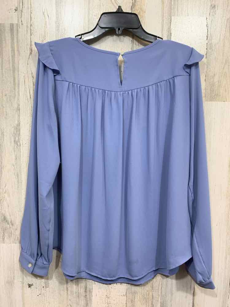 PRE-OWNED LOFT Size M  Blue SCOOP NECK Solid LONG SLEEVE RUFFLES ON BUST BLOUSE