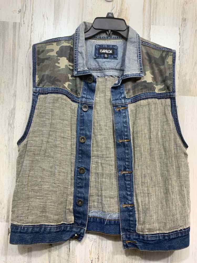 PRE-OWNED CARBON JEANS/MIXED-MEDIA VEST W/ GRAY TEXTURED PANELS & CAMO SHOULDERS