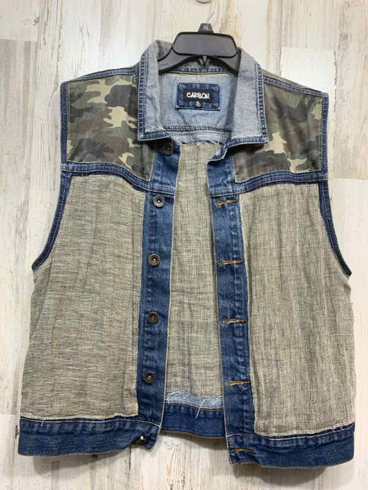 PRE-OWNED CARBON JEANS/MIXED-MEDIA VEST W/ GRAY TEXTURED PANELS & CAMO SHOULDERS