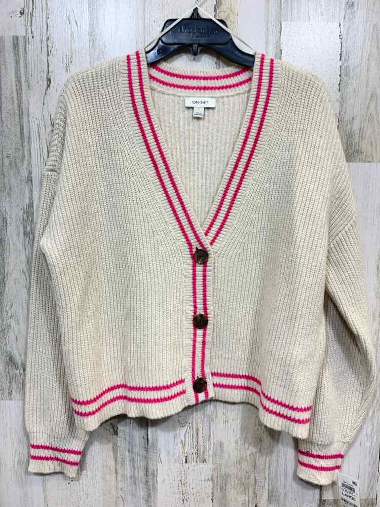 NWT ON 34TH Size L Cream RIB KNIT LONG SLEEVE/BUTTON UP VARSITY STYLE CARDIGAN