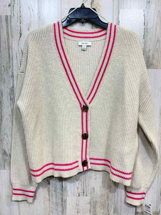 NWT ON 34TH Size L Cream RIB KNIT LONG SLEEVE/BUTTON UP VARSITY STYLE CARDIGAN