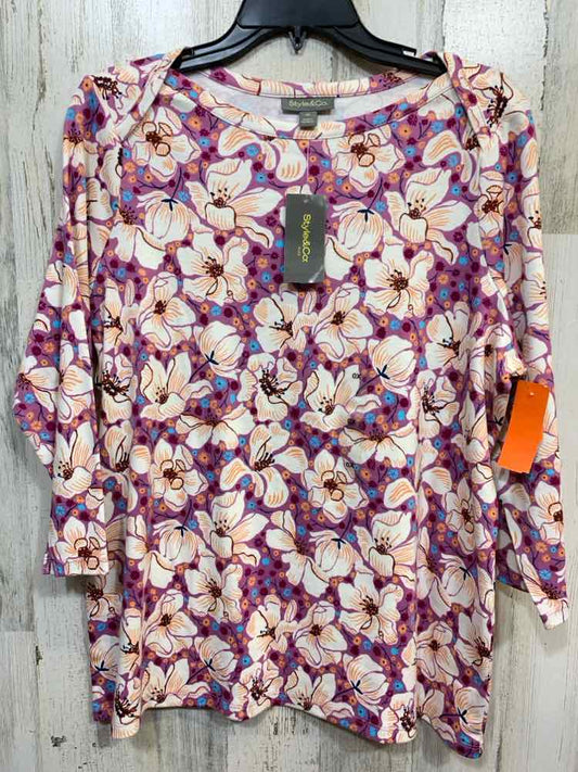 NWT STYLE & CO Tops Size 0X WHT/PRPL/BLUE Floral 3/4 SLEEVE Blouse