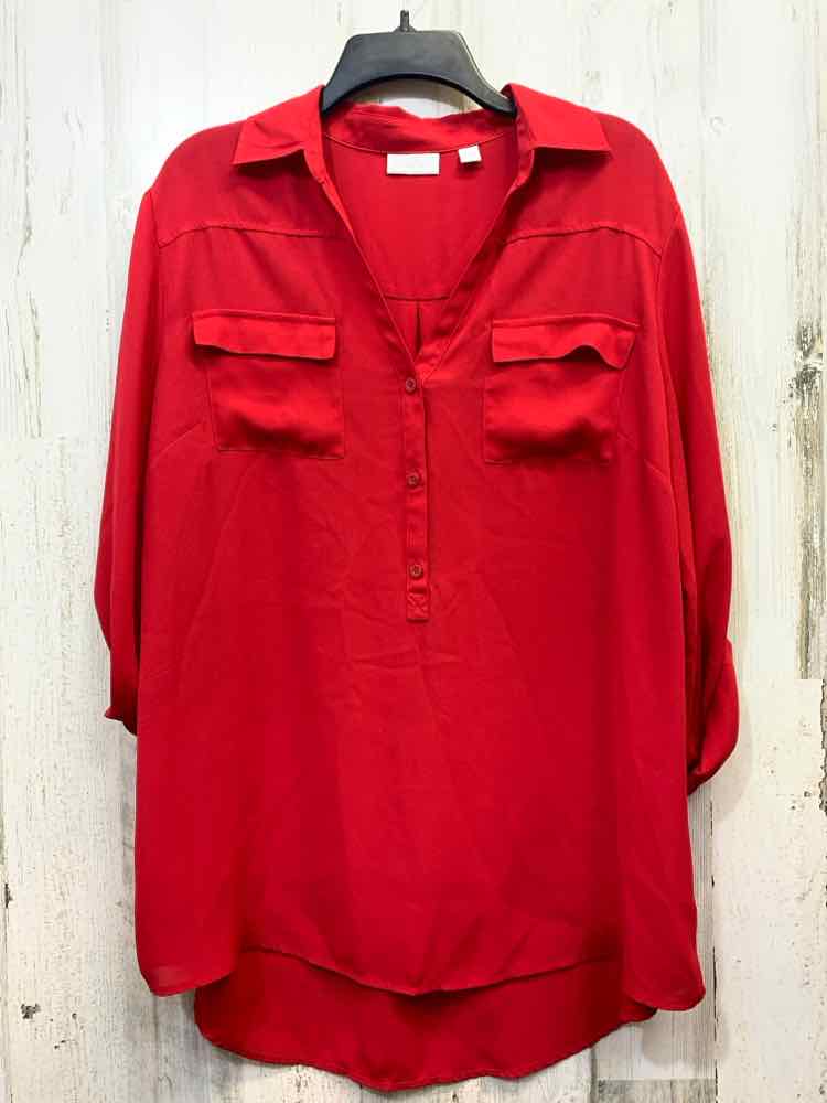 PRE-OWNED NEW YORK & CO Tops Size XL Red Solid SHEER TOP/RED SHEER LONG SLEEVE T